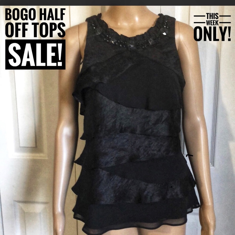 EXPO NEW YORK SHINY BLACK LAYER RUFFLE TOP SIZE10
